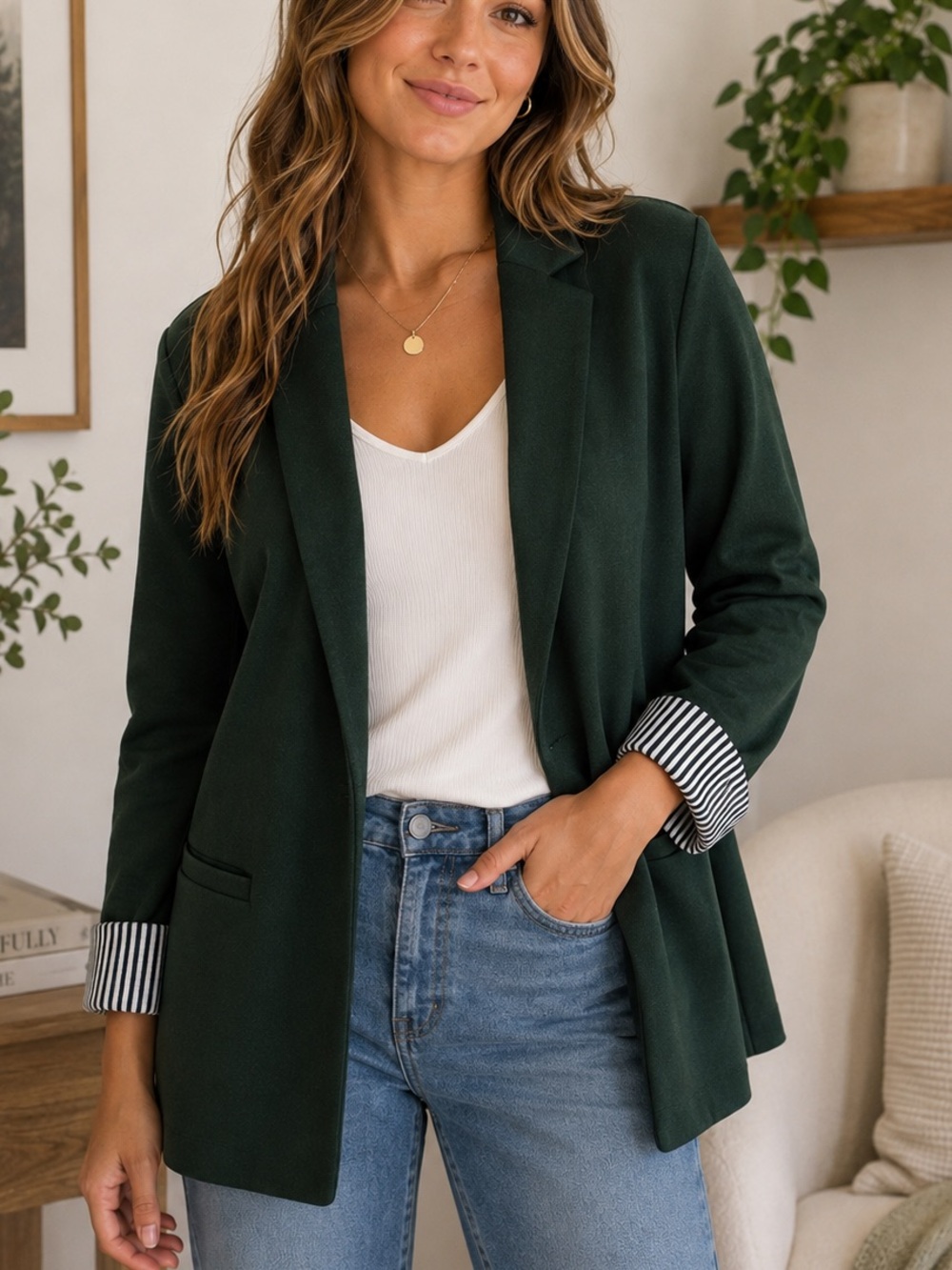 Skies Are Blue Green Knit Blazer S Striped Cuff Open Front Career